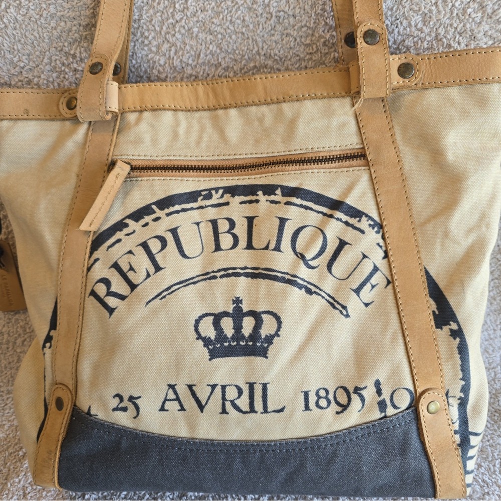 Le Papillon Upcycled Canvas And Leather Shoulder Bag Purse Tote French Detail - Picture 2 of 14
